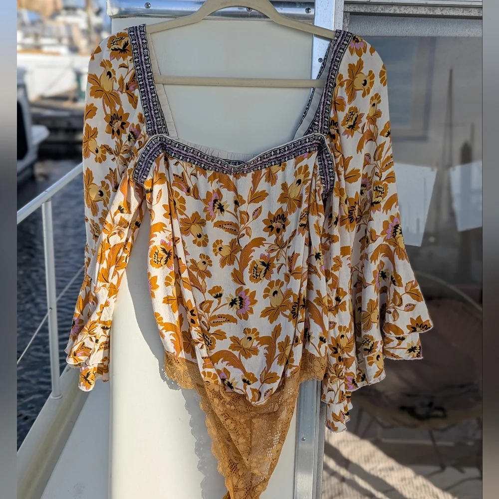 Free People | Intimately Blooming Borders Bodysuit Lace Medium Yellow Orange